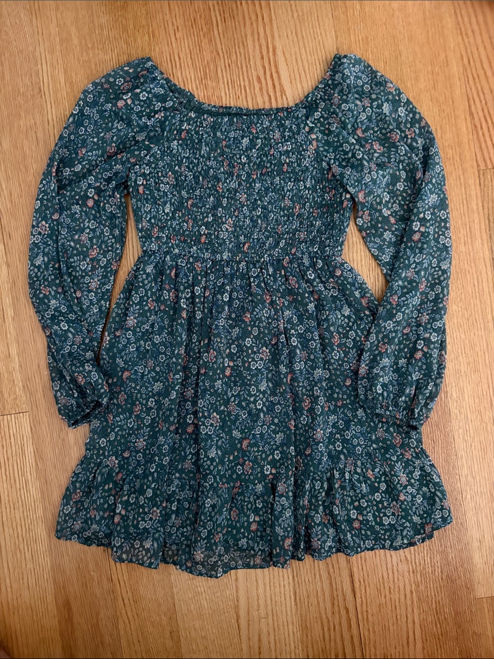 art class Teal Floral Smocked Long-Sleeve Dress